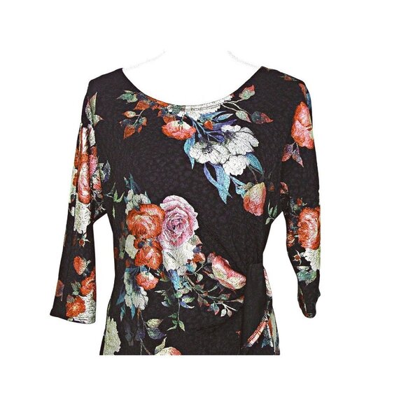 Robbie Bee Foil Floral Wrap Midi Dress Hits At Knee Black Red Teal Size PM NWT - Picture 2 of 12